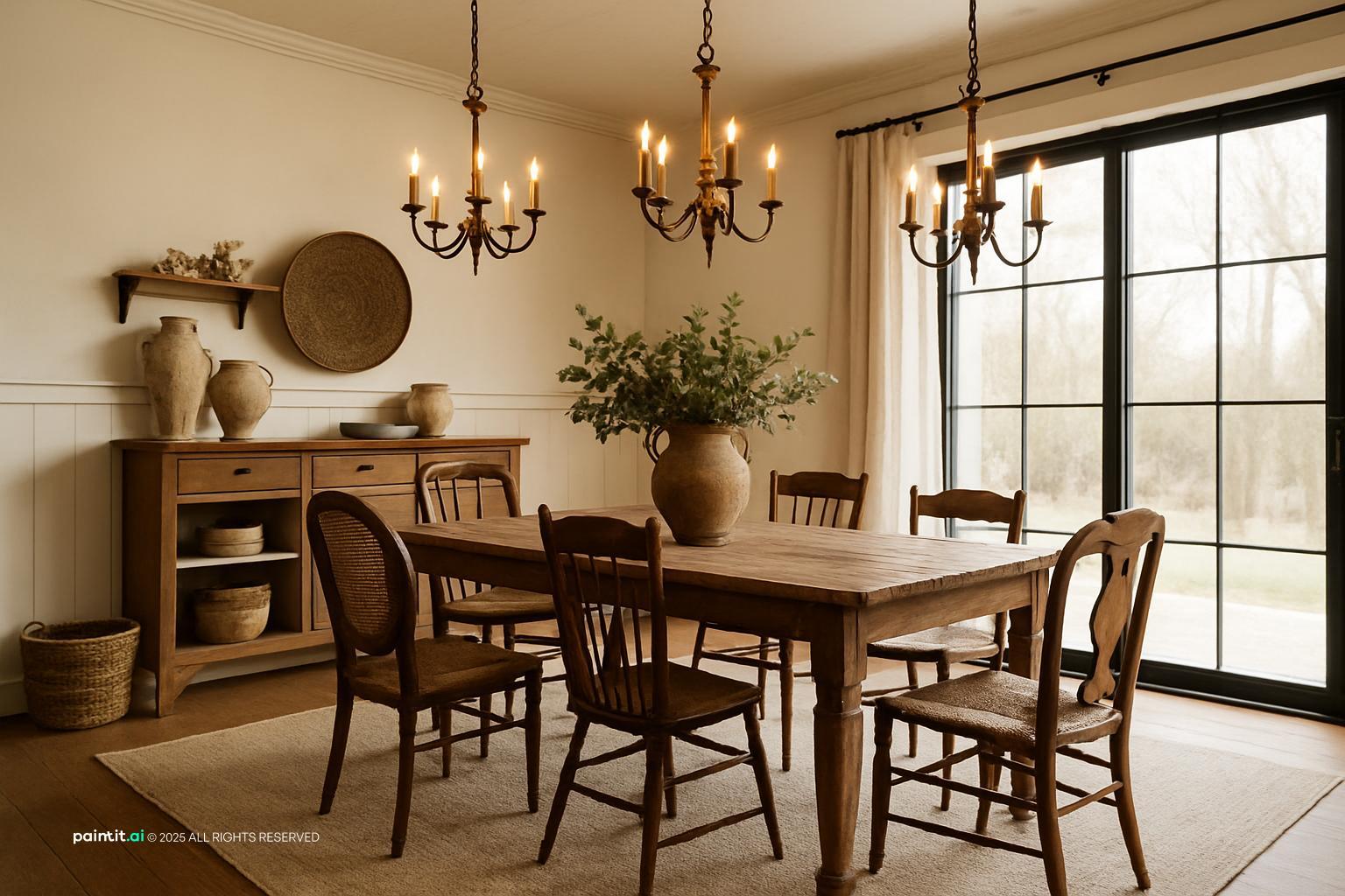 Modern farmhouse dining room with vintage chairs, wood table, and neutral palette