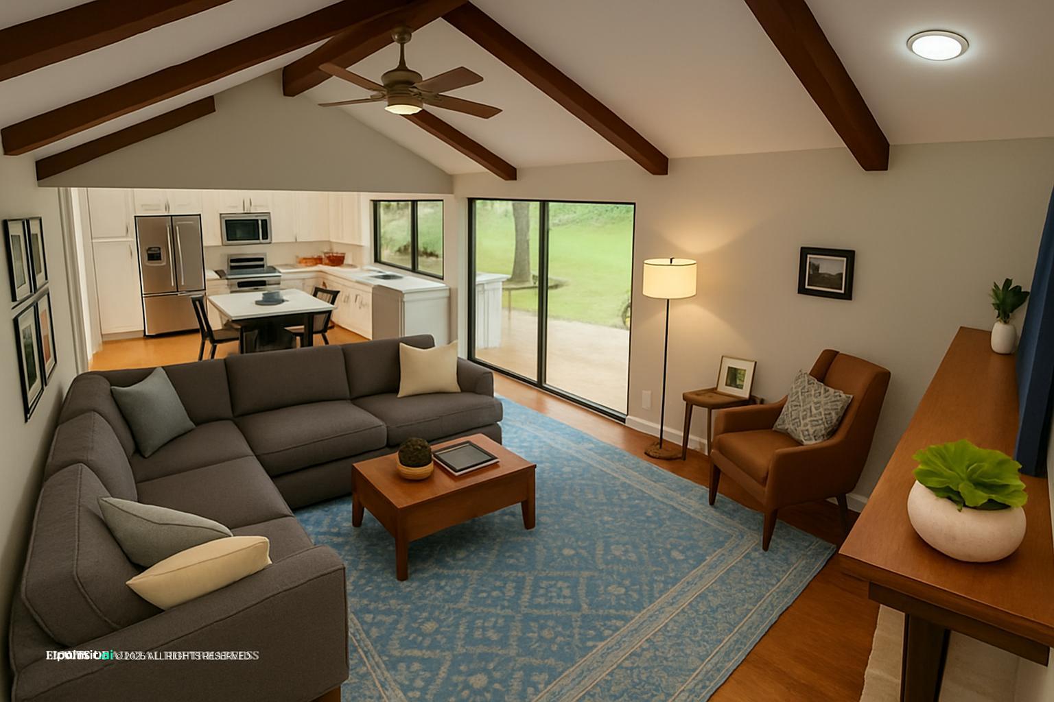 Grey sectional on a blue patterned rug in a living room with dark ceiling beams and a garden view