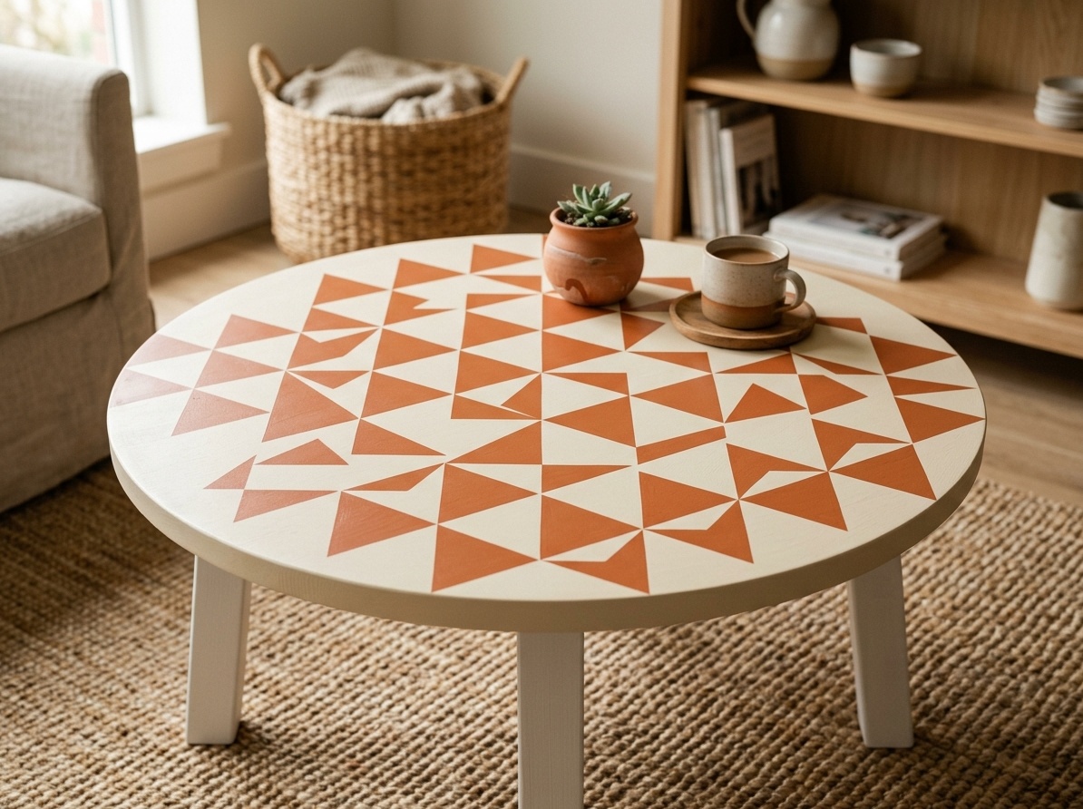Round coffee table with hand-painted geometric triangle pattern  in terracotta orange and cream with crisp clean edges on white legs