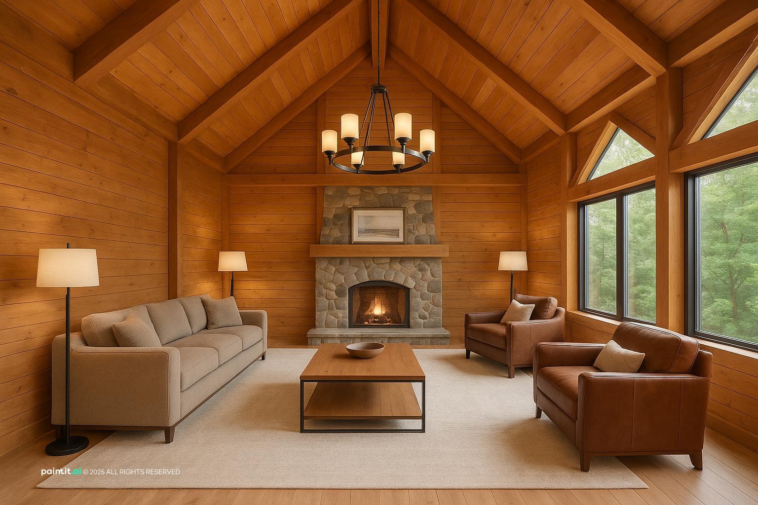 Cabin living room with a vaulted wood ceiling, a warm chandelier and a stone fireplace