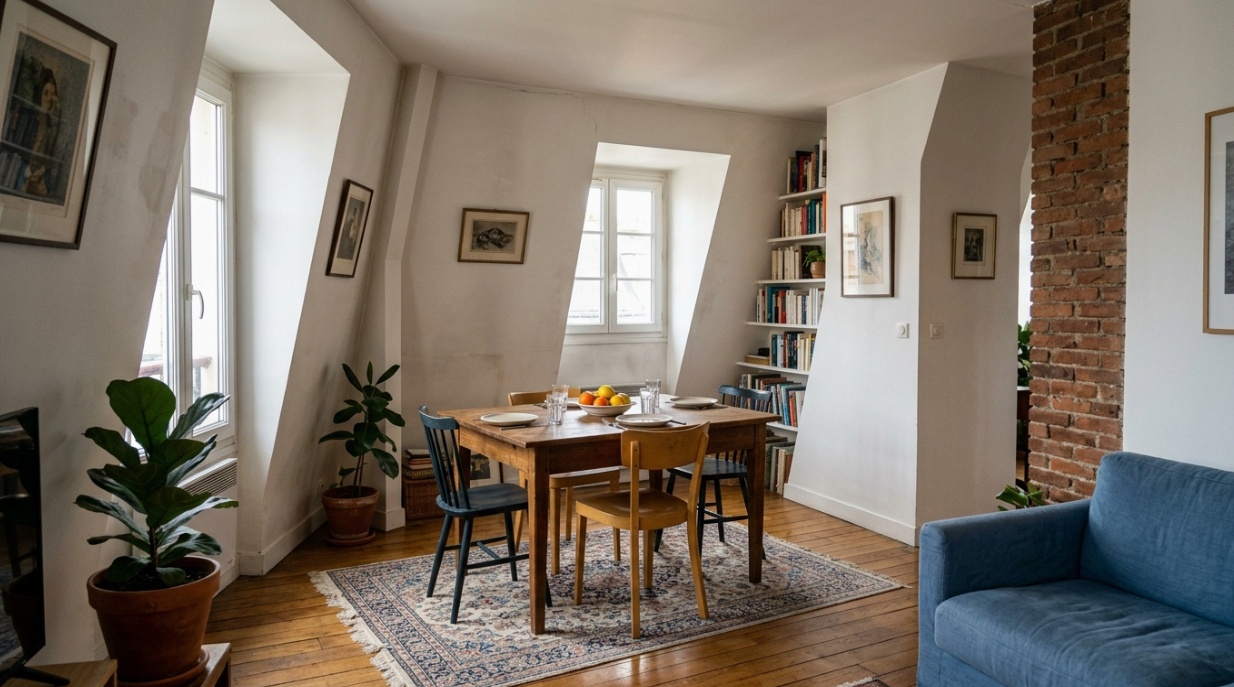 Off-center window balanced by a tall plant and narrow bookcase