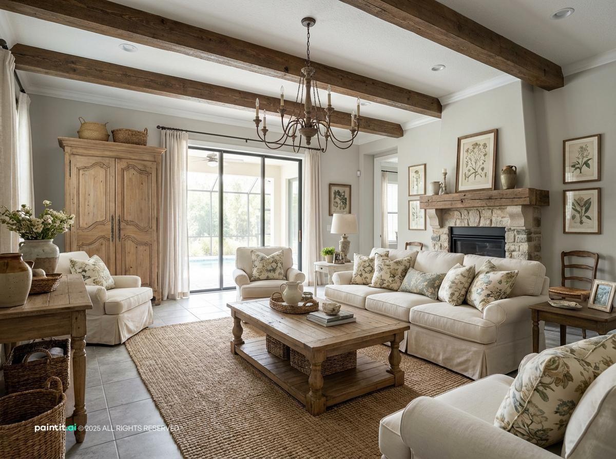 French country living room with wood beams, a stone fireplace, a large wooden armoire and floral sofas