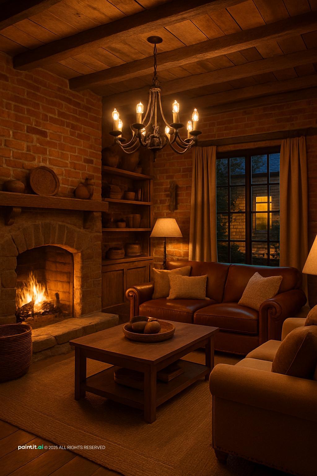 Firelit den with brown leather armchairs, a chandelier and brick walls