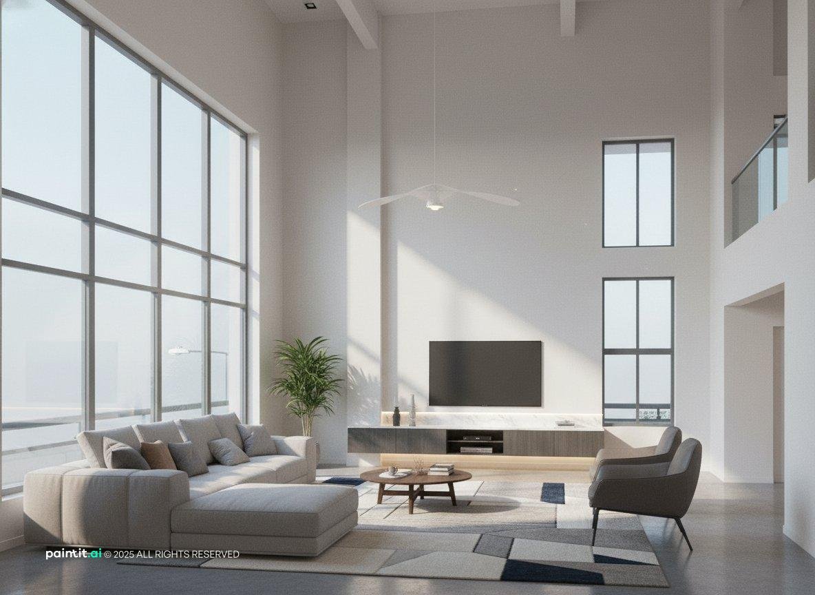 Minimalist double-height loft with an upper landing