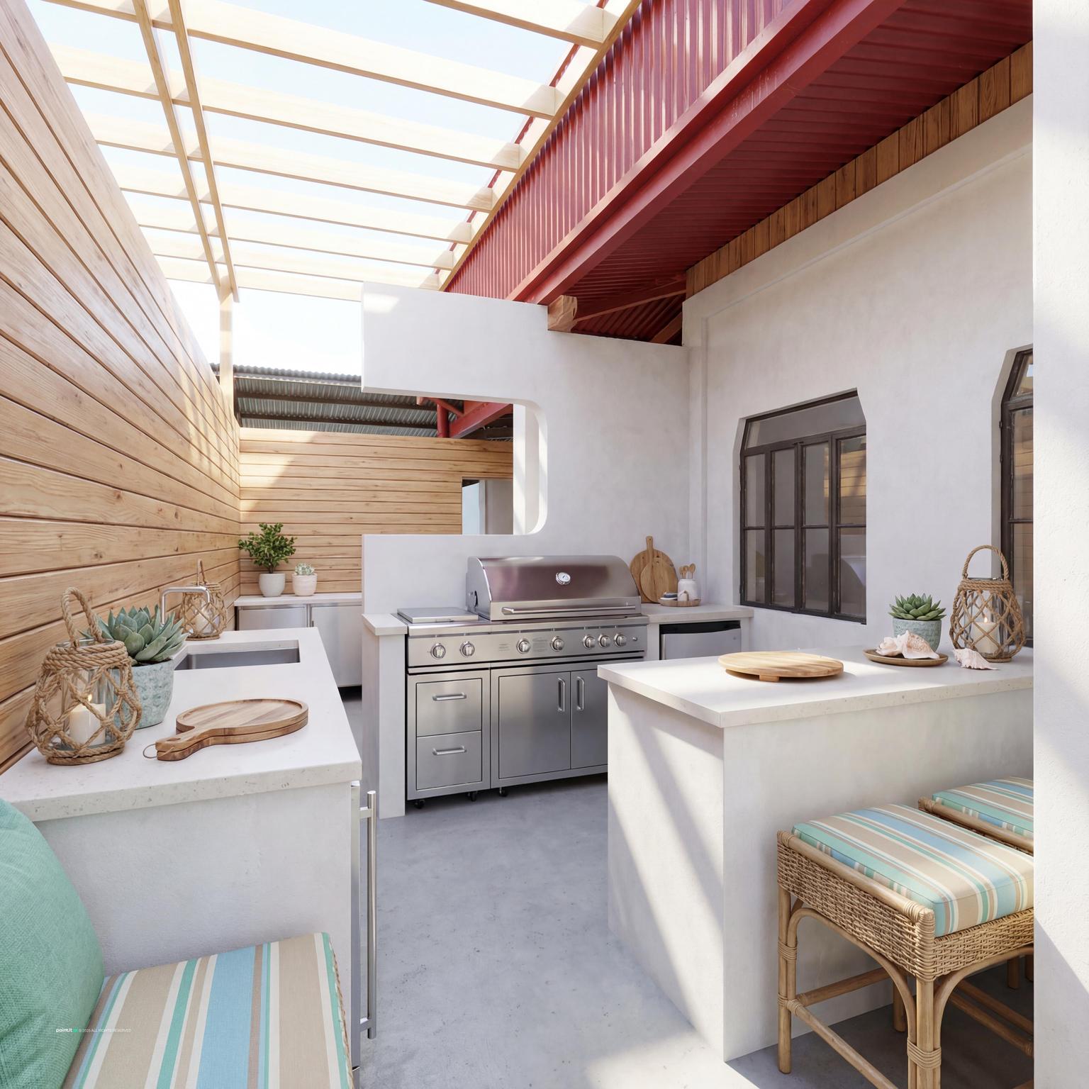 Coastal outdoor kitchen with whitewashed wood, a grill and striped cushions