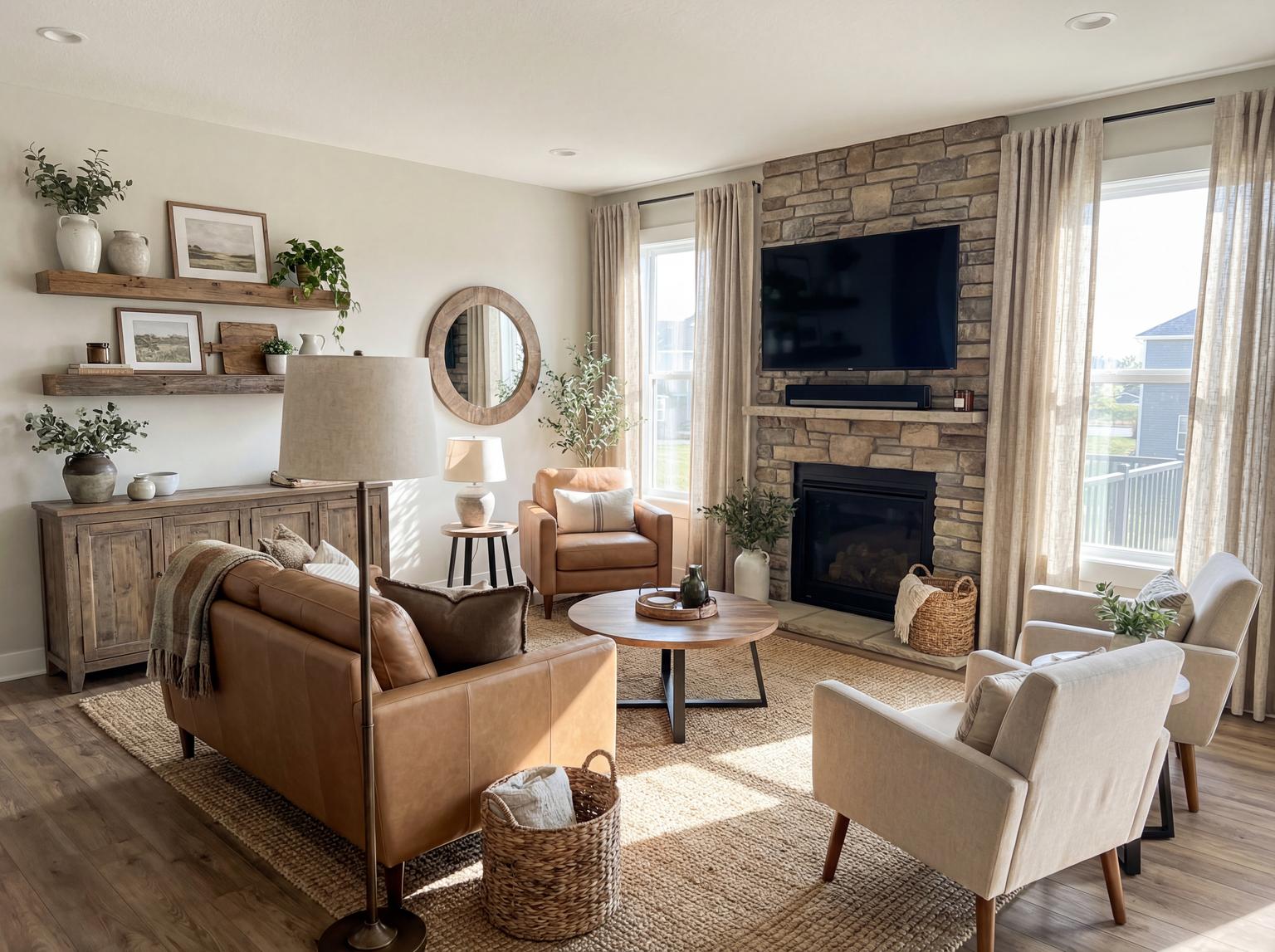 Stunning modern rustic barndominium living room design, combining sleek lines with natural wood, stone, and industrial elements.