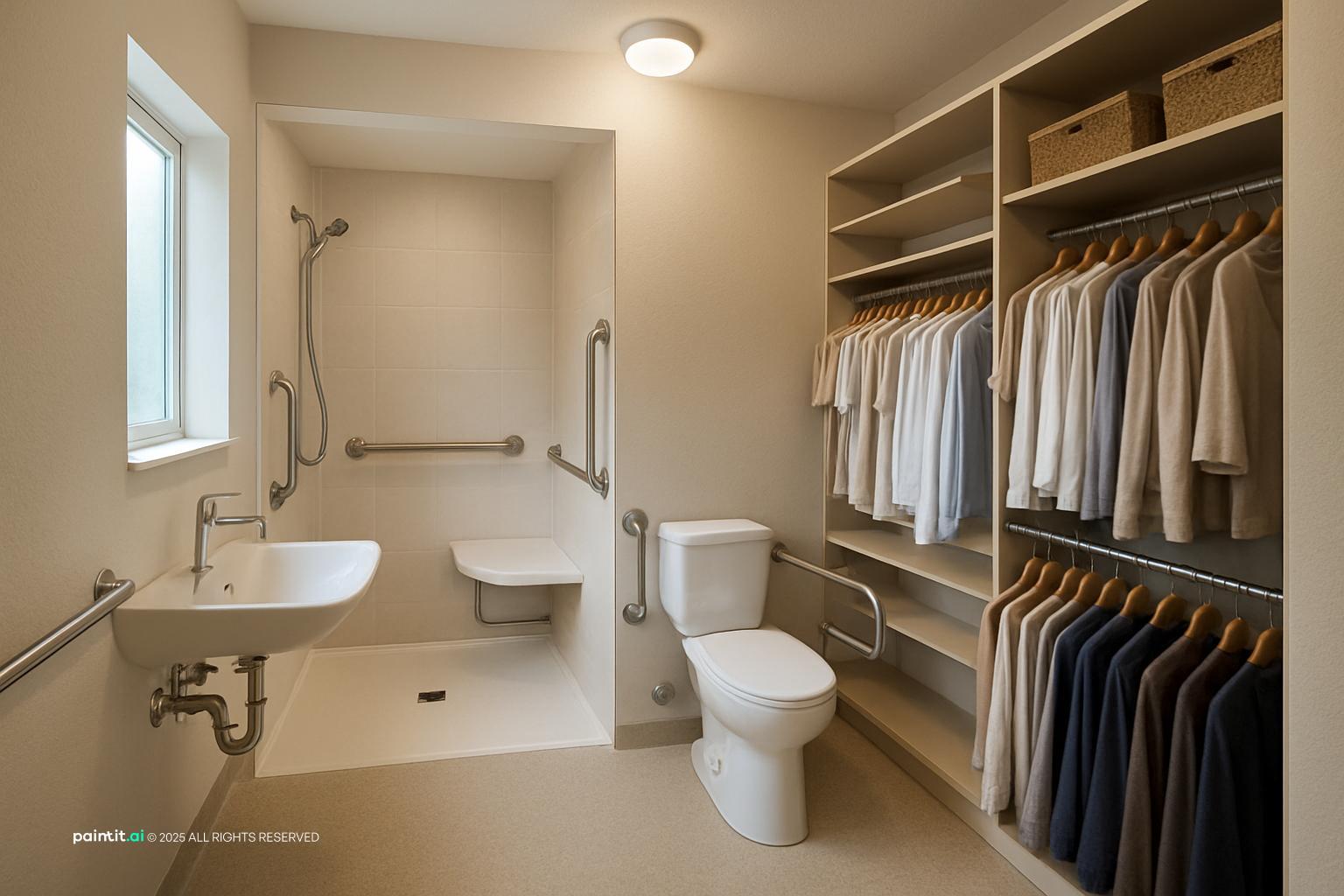Accessible ensuite bathroom with grab bars at the toilet and shower, a fold-down shower seat and a wall-hung basin