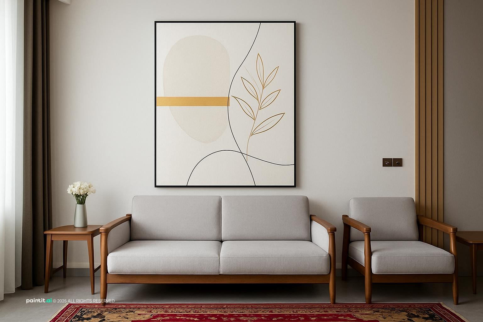 Living room with a light gray sofa and armchairs, walnut frames and a large print with gold leaf accents