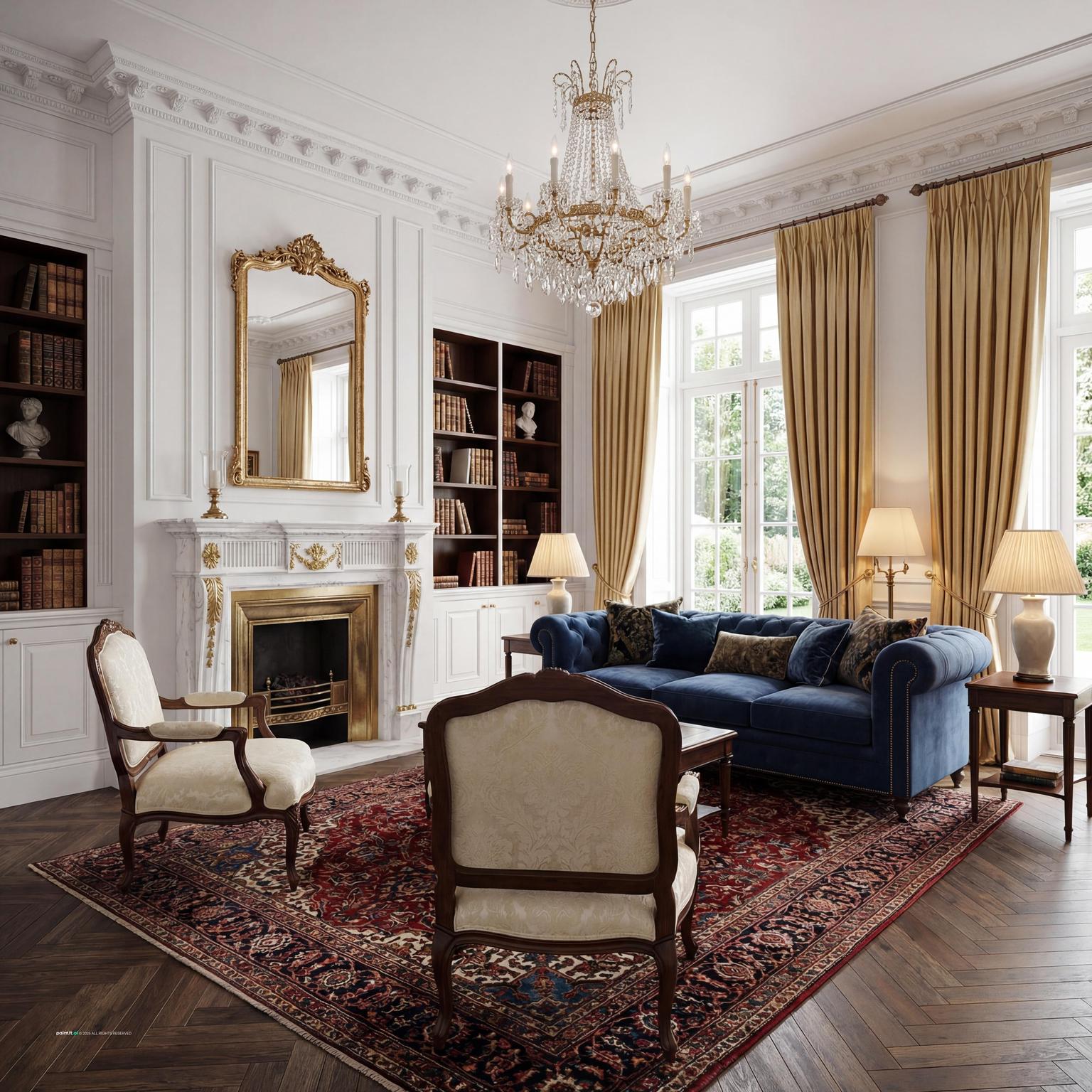 Elegant 1980s Neoclassic living room design, combining traditional grandeur with contemporary lacquered finishes and a soft, pastel-infused palette.