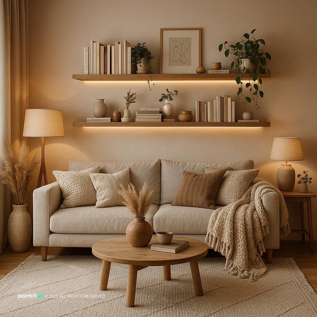 Cozy Scandinavian-Bohemian Living Room Design showing cozy softness, soft textiles, plants and greenery for Cozy Living Room Ideas.