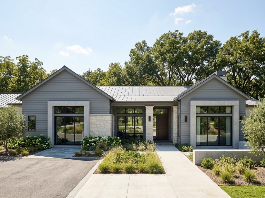 Wide home facade in true cool gray lap siding under strong midday sun.