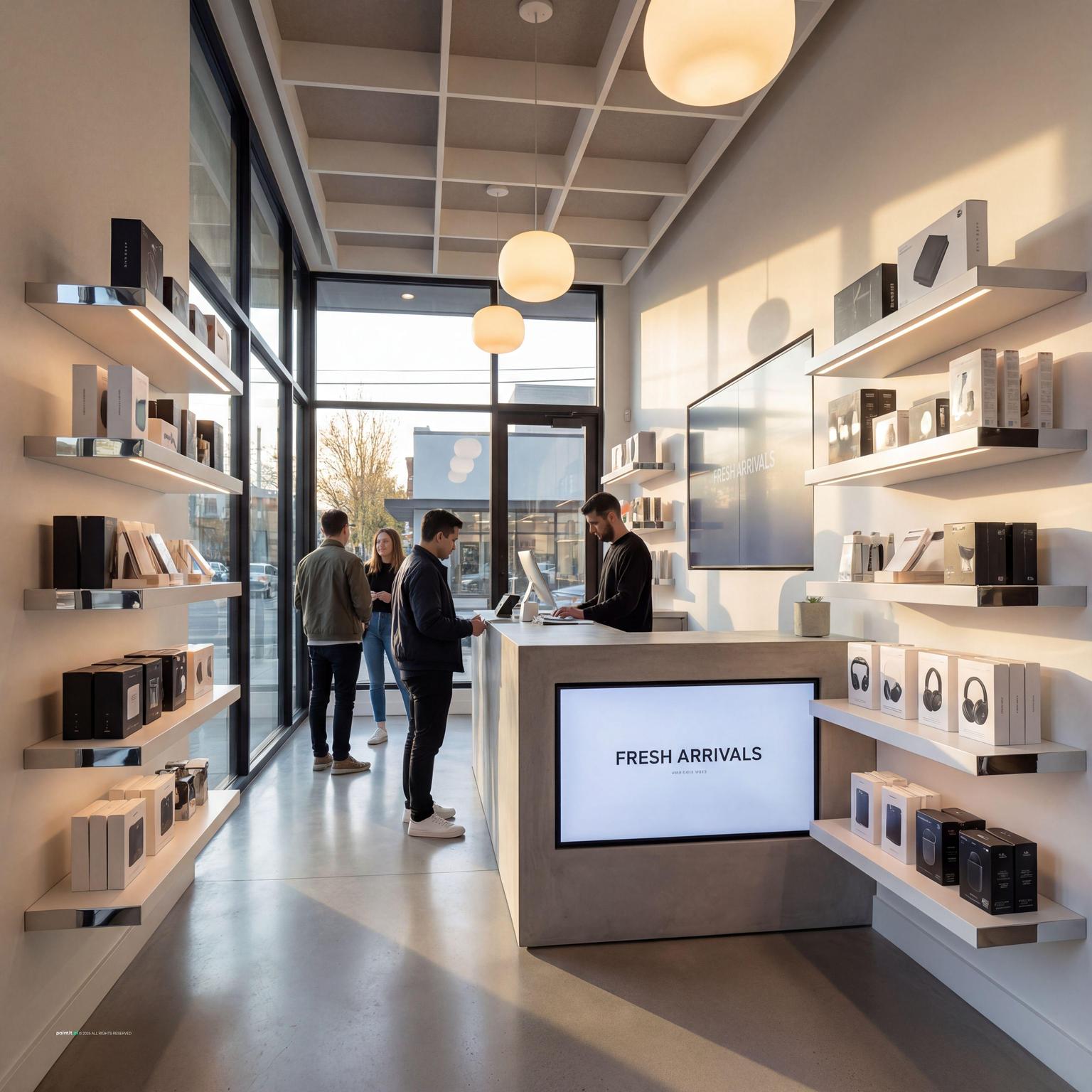 Small retail space with sleek shelves and efficient customer path