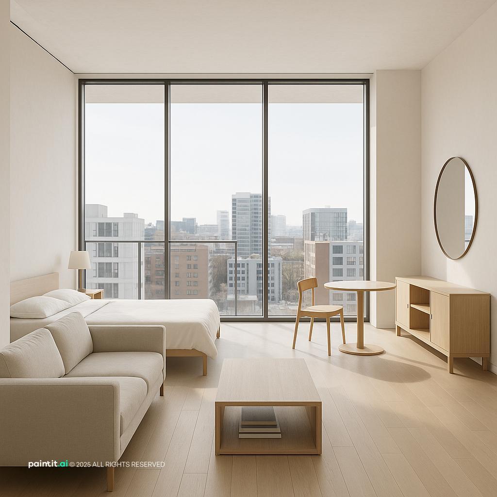 Minimalist studio apartment with compact furniture and storage