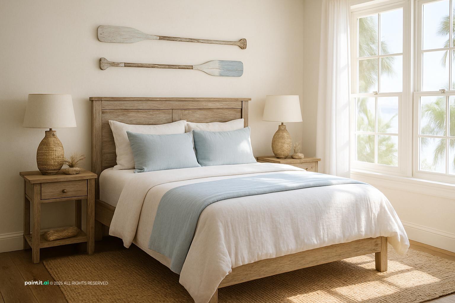 Beach house bedroom with oars on the wall above a wooden bed, pale blue bedding and a woven rug