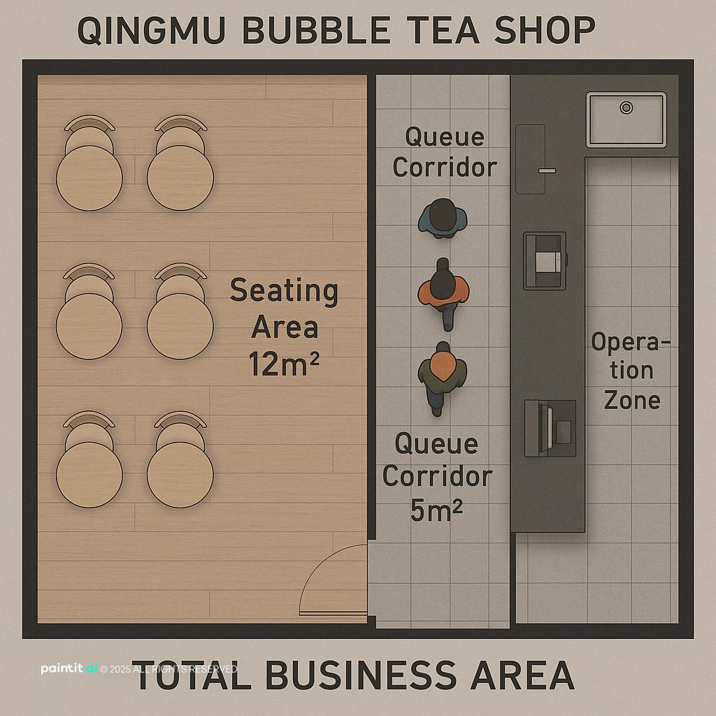 Bubble tea shop layout with seating and waiting zones