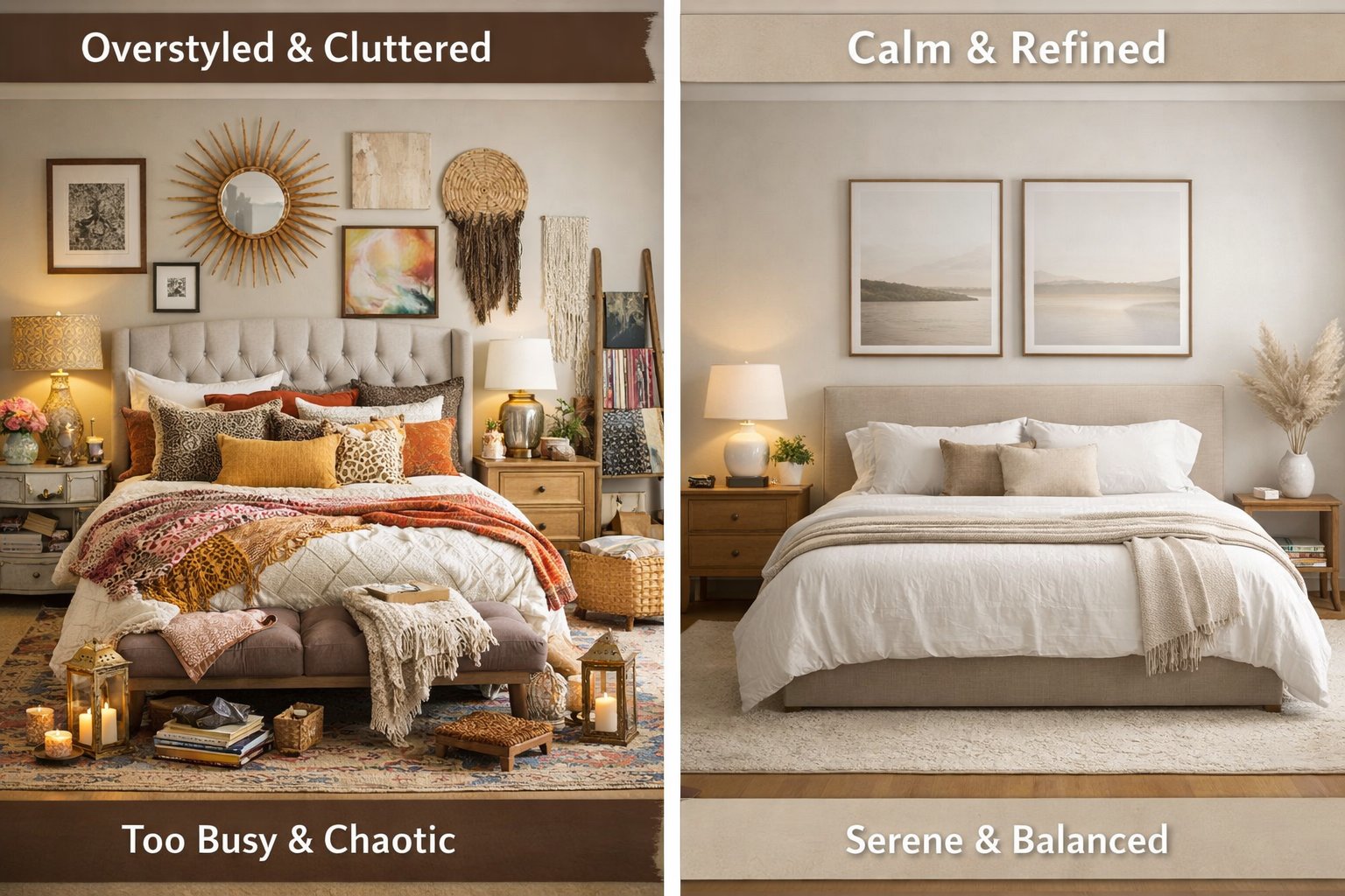 Educational comparison showing a calmer more balanced bedroom versus a visually noisy bedroom concept