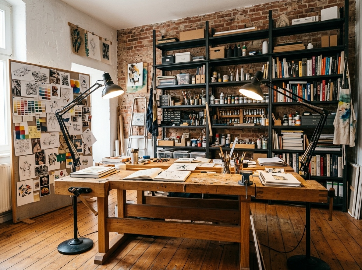 Creative studio home office with large central workbench, open industrial metal shelving filled with supplies, and a large pinboard on the wall