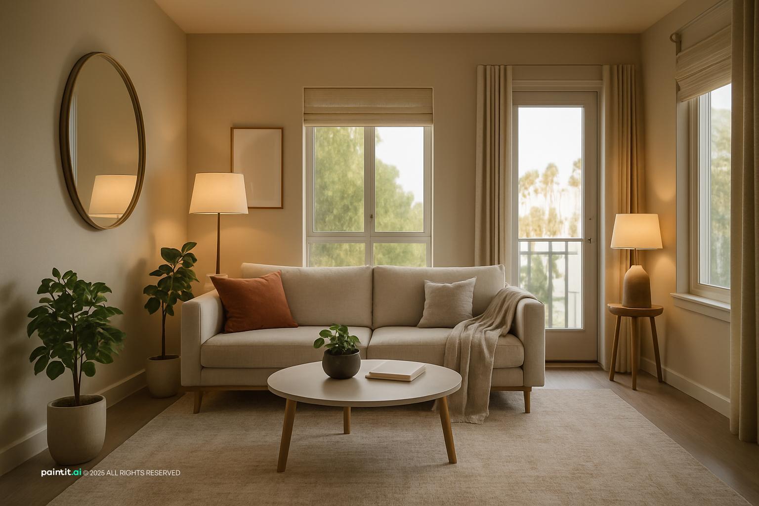 Living room with a round mirror, a cream sofa with terracotta cushions and potted plants