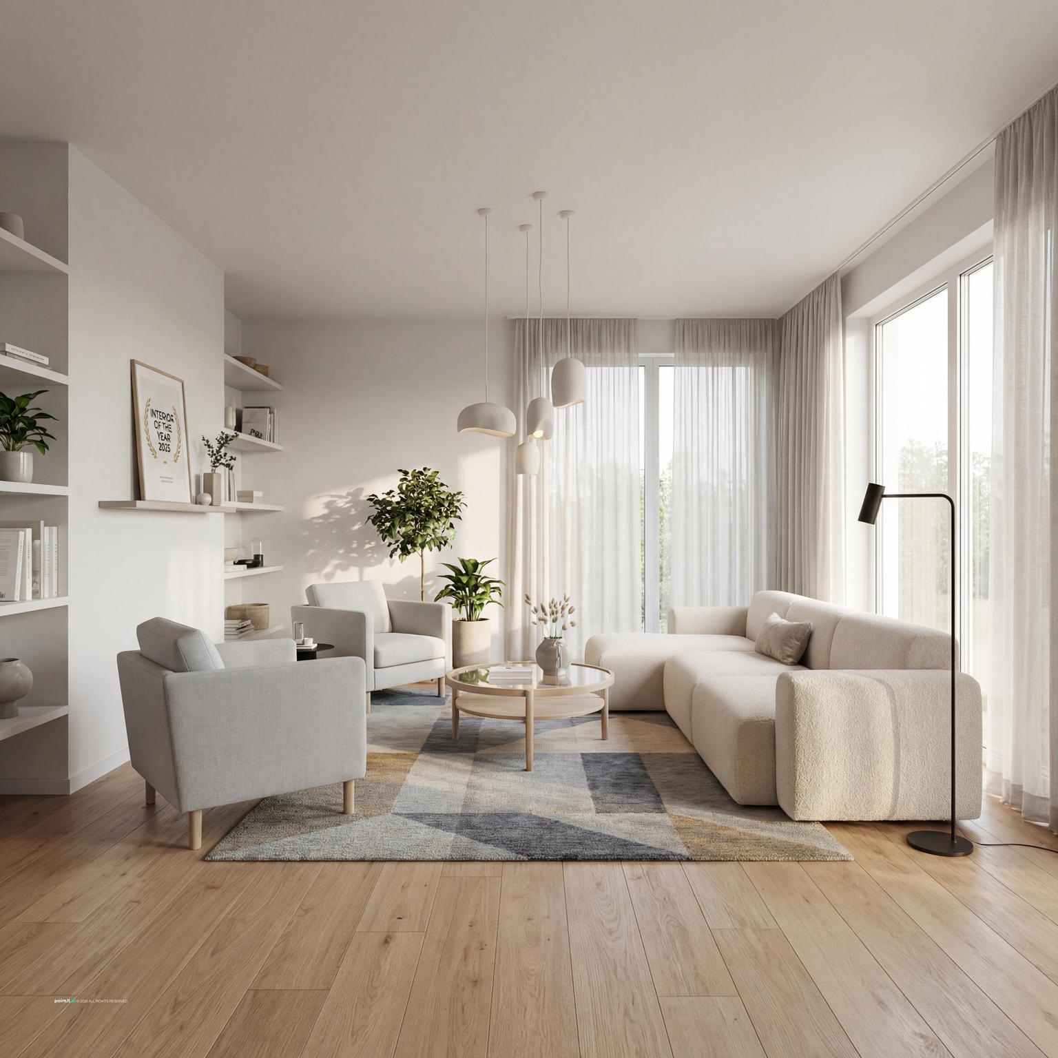 Stunning Scandinavian long narrow living room design, featuring bright, airy elements and functional, stylish furniture.