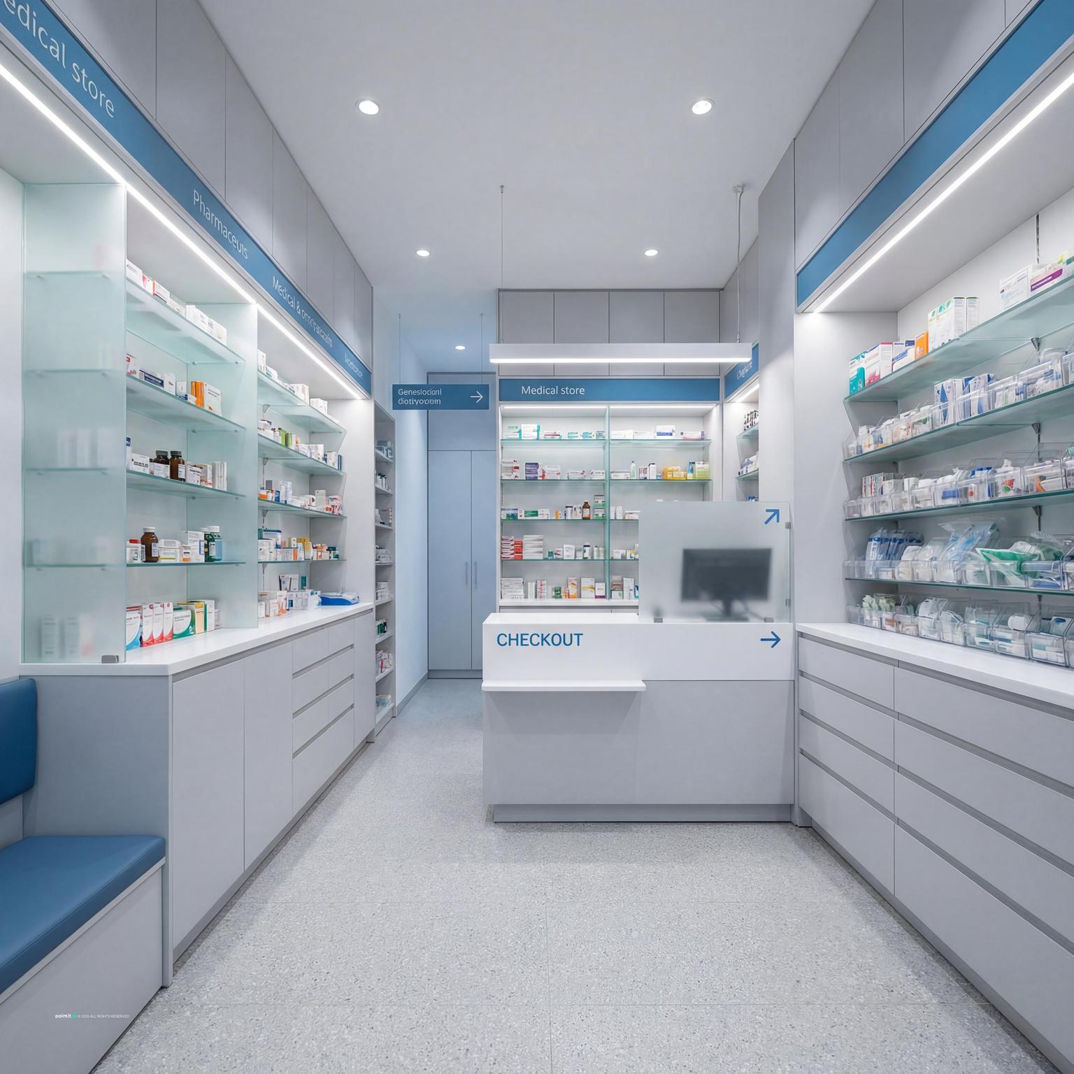 Pharmacy Interior with layered decor and balanced layout