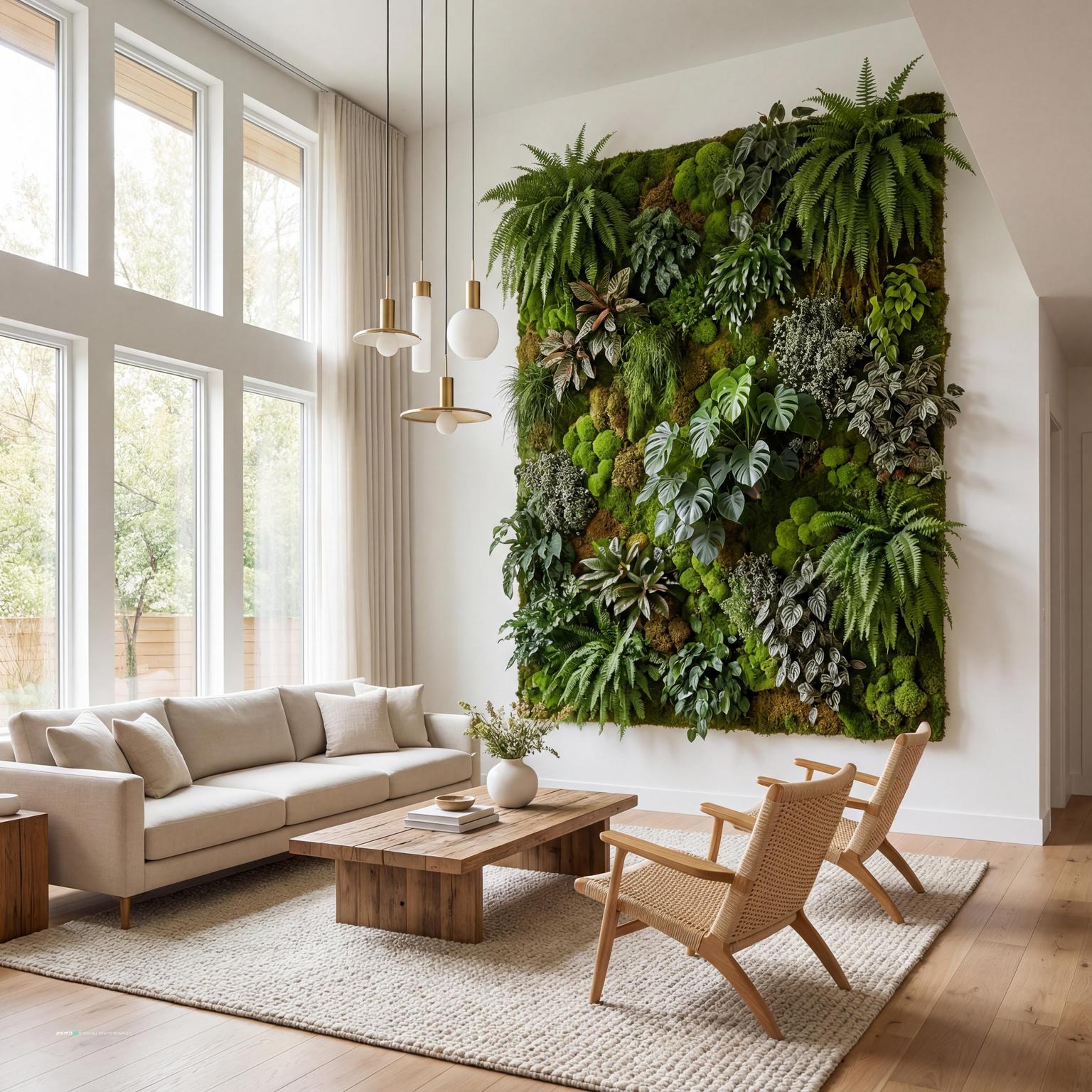 Stunning Modern Living Room Design with vertical garden, inspiring white living room ideas.