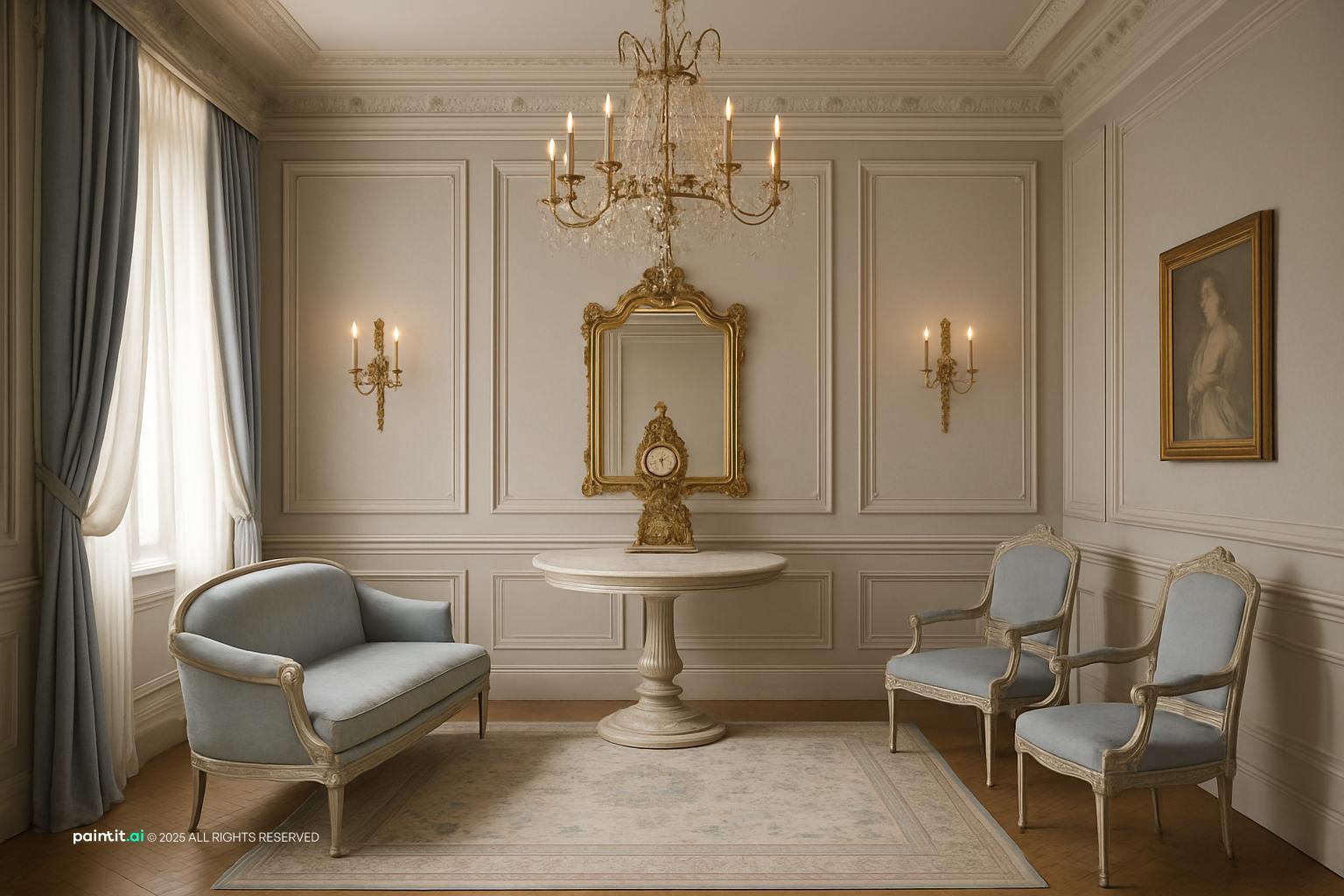 Living room with white panel molding, a gilded mirror, a chandelier and upholstered chairs around a round table