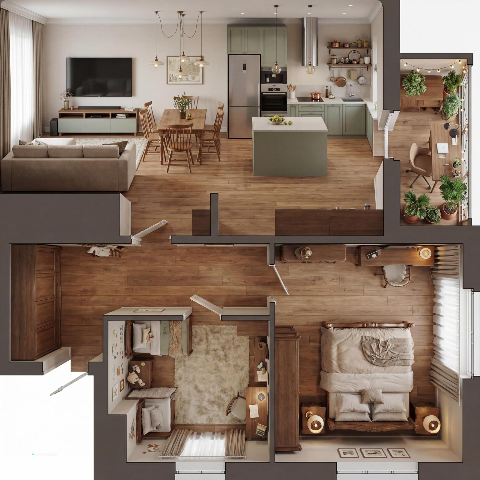 Top-down 3D view of an apartment with an open kitchen and island, living and dining area and two bedrooms on warm wood floors