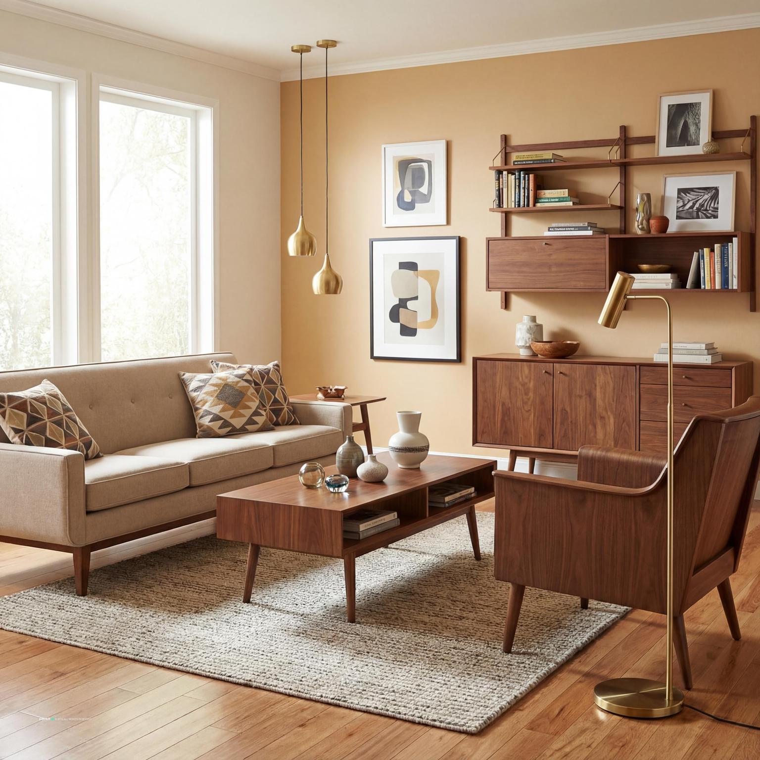 Stylish Mid-Century Modern living room showcasing a vibrant 70s aesthetic with retro seating, geometric patterns, and natural materials.