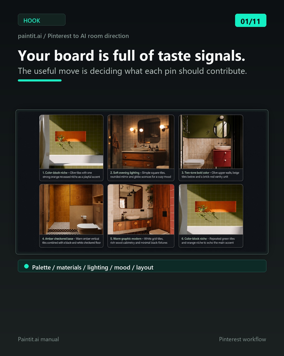 Pinterest inspiration board showing multiple bathroom design references used as taste signals for AI interior design.