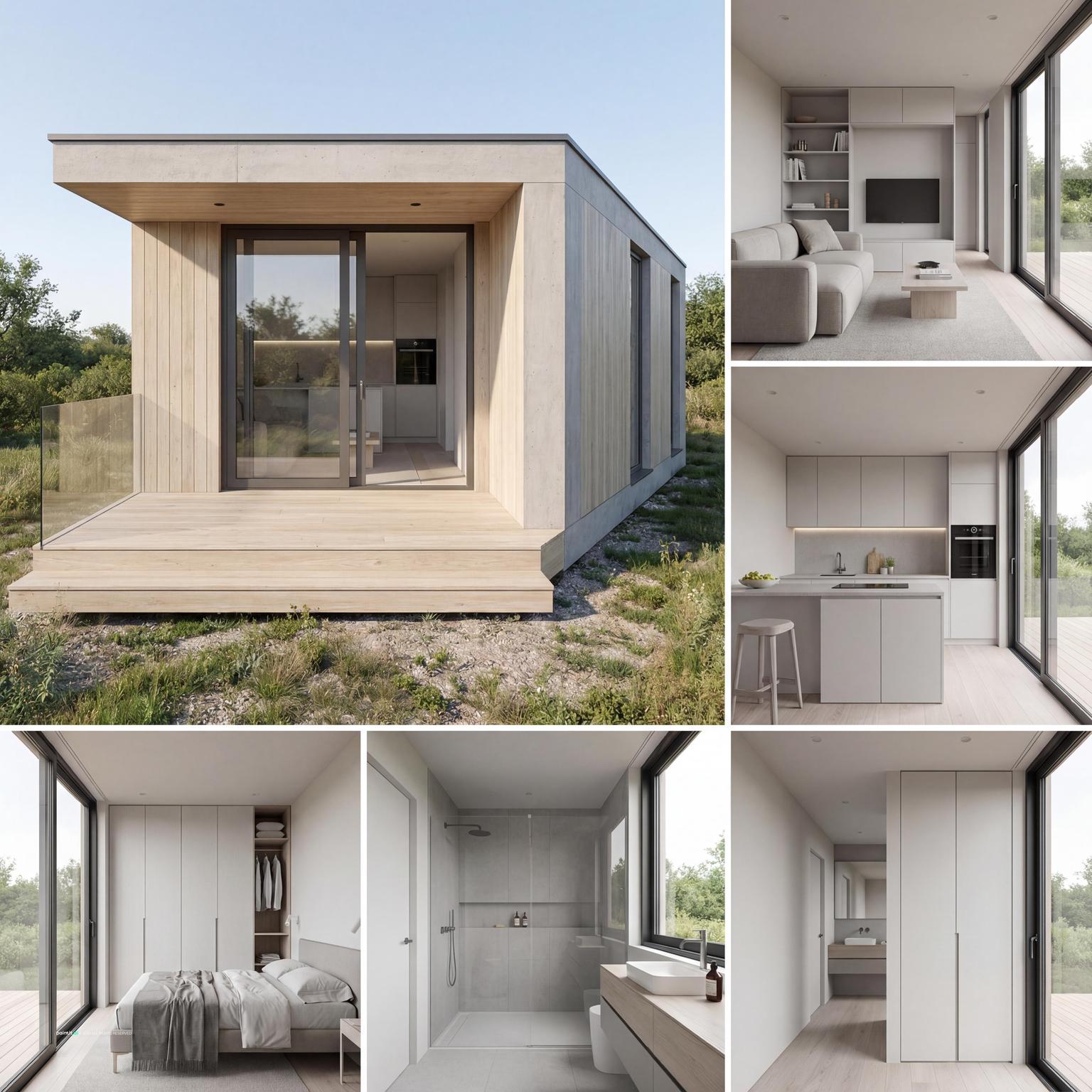 Modern minimalist small house design, optimizing every inch for a serene and uncluttered very small living room experience.