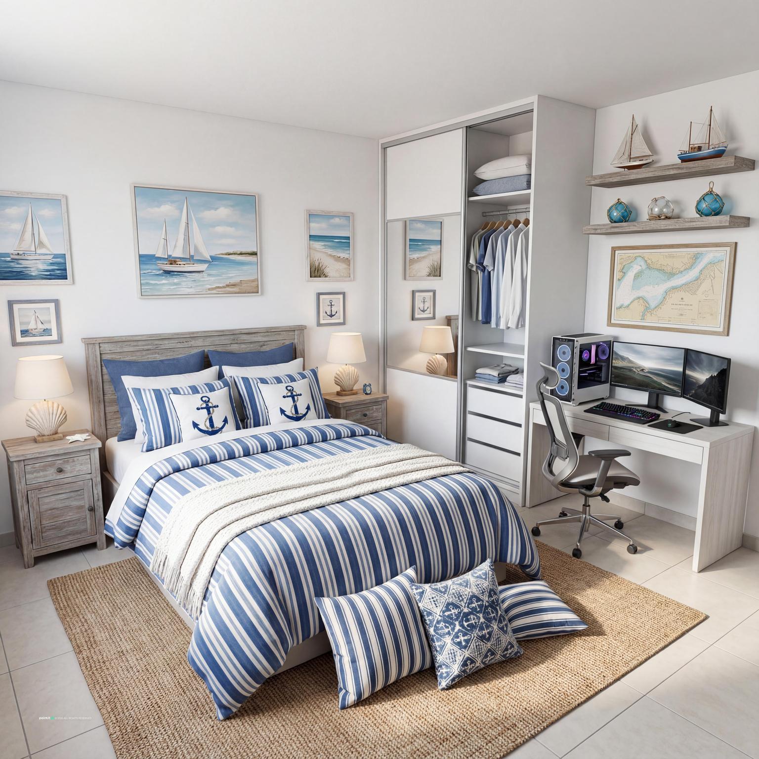 Beach-inspired bedroom with navy and white striped bedding, a desk and framed boat prints