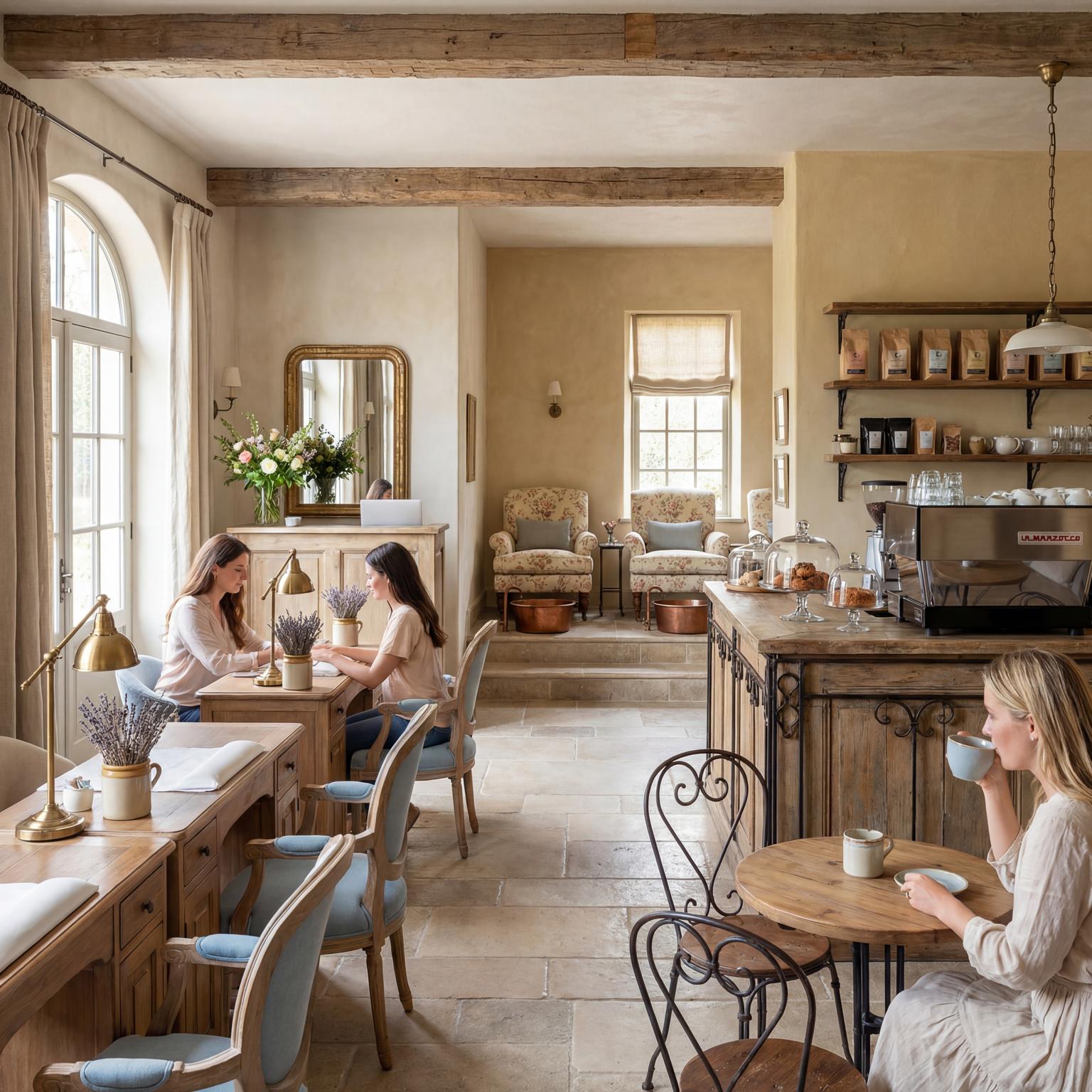 Charming French country interior design, perfect for a serene living room, with vintage accents, distressed furniture, and floral patterns.