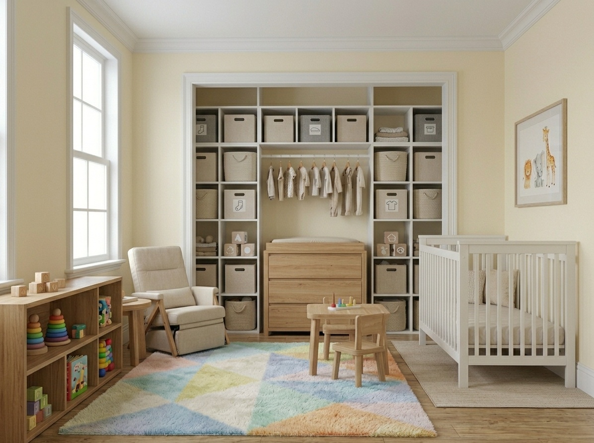 Nursery with an integrated play zone using a soft rug and low toy shelves