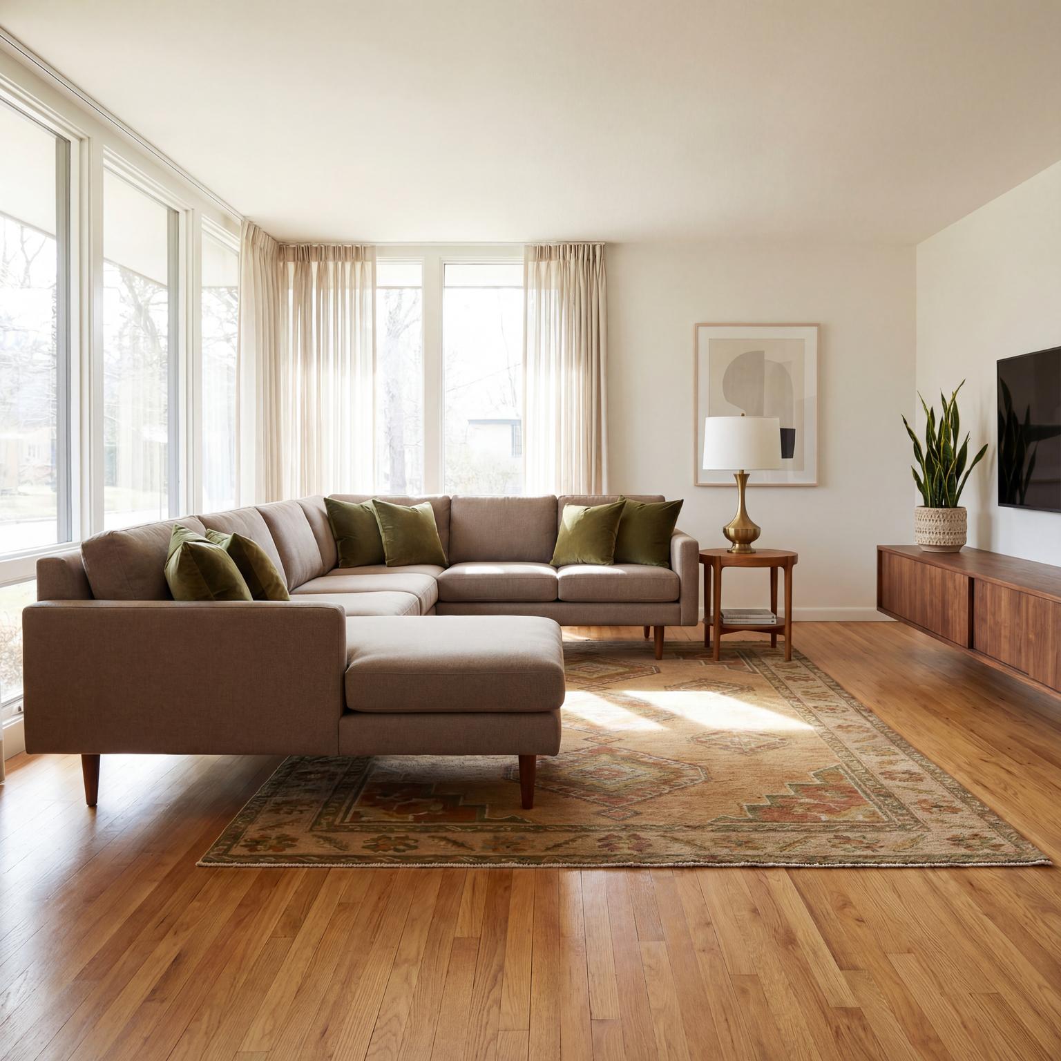 Clean and airy mid-century modern minimalist 1950s living room, highlighting iconic furniture and a calm, open aesthetic.