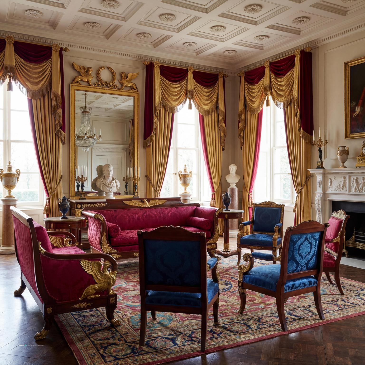 Elegant Empire-Style Living Room Mood Board featuring neoclassical grandeur, opulent furnishings, rich fabrics, and classical motifs for a majestic space.