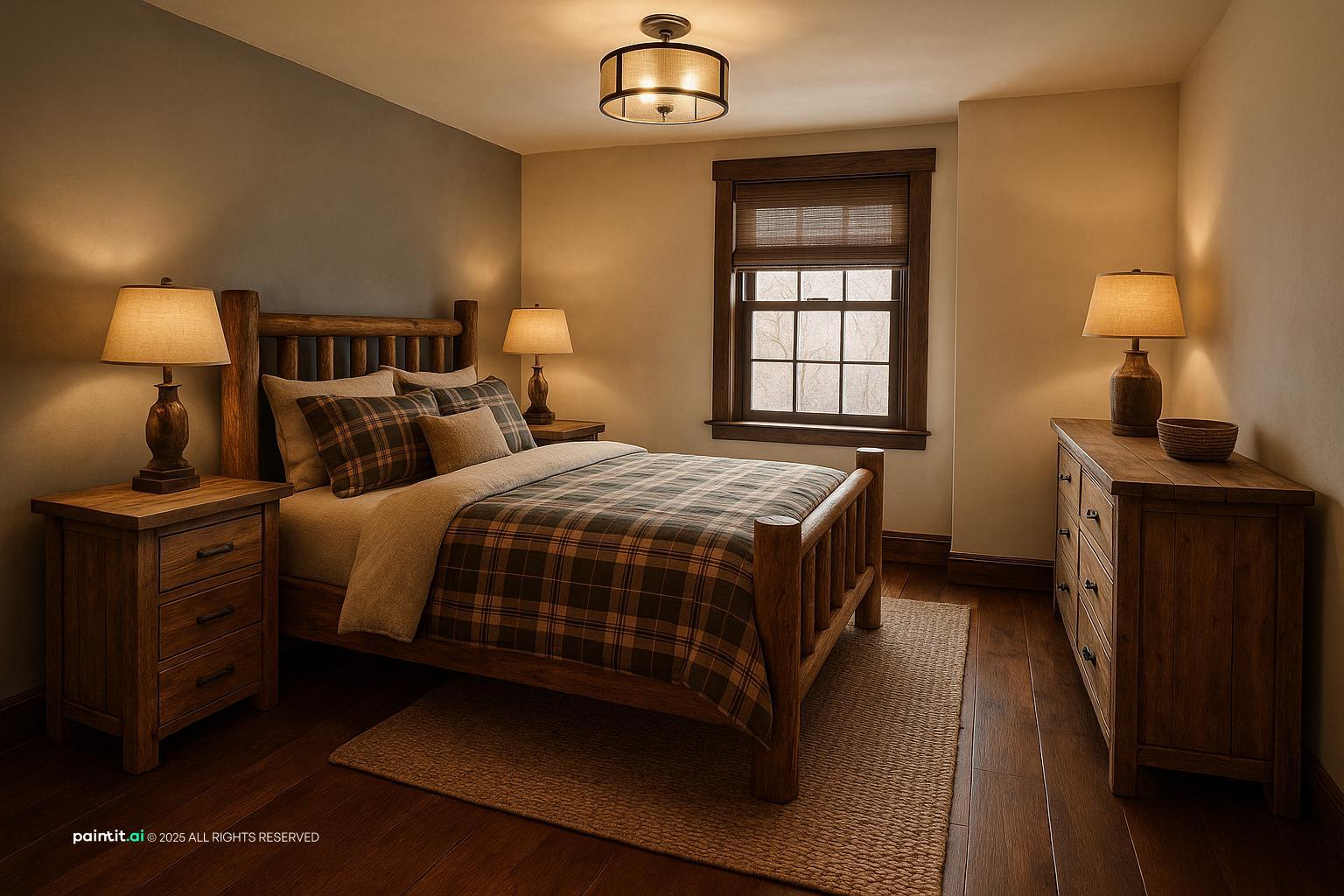 Rustic cabin bedroom with a wooden bed, a plaid quilt, wooden nightstands and table lamps
