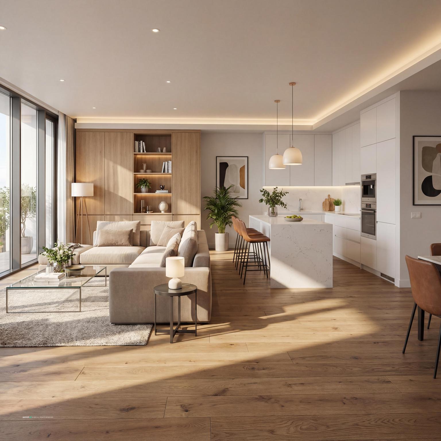 Modern Open Concept Living Room & Kitchen Design with sectional and beige and a calm living room atmosphere.