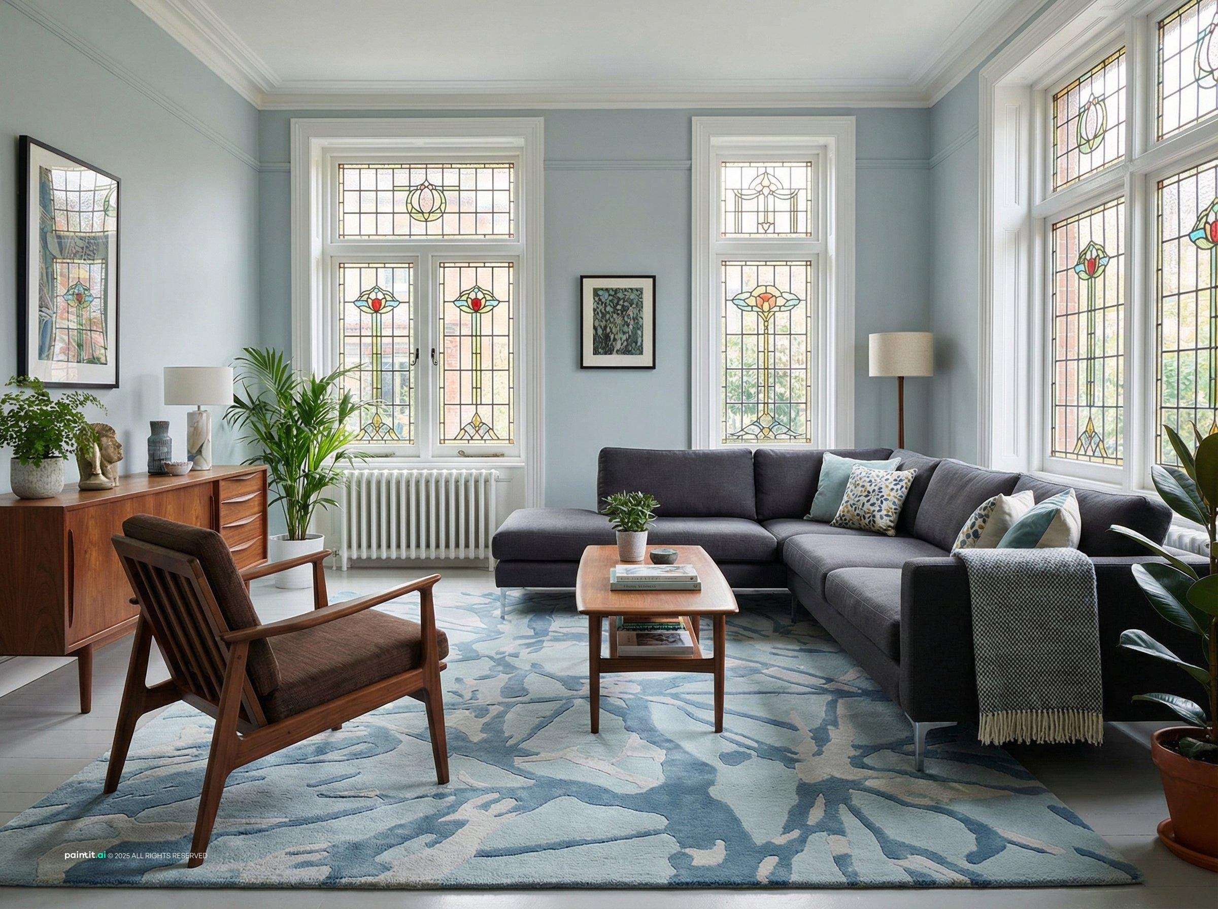 Charcoal sectional on a pale blue rug with a wooden armchair, stained glass windows and a teak sideboard