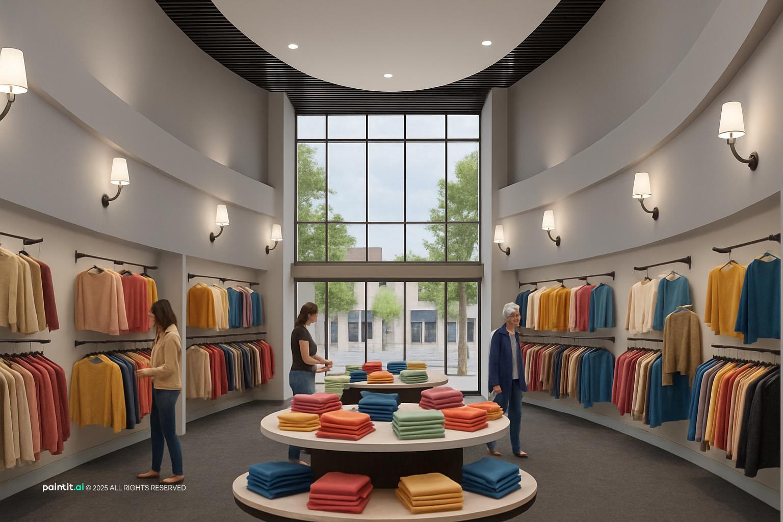 Women's clothing store with rails on the walls and round tables of folded clothes in the center