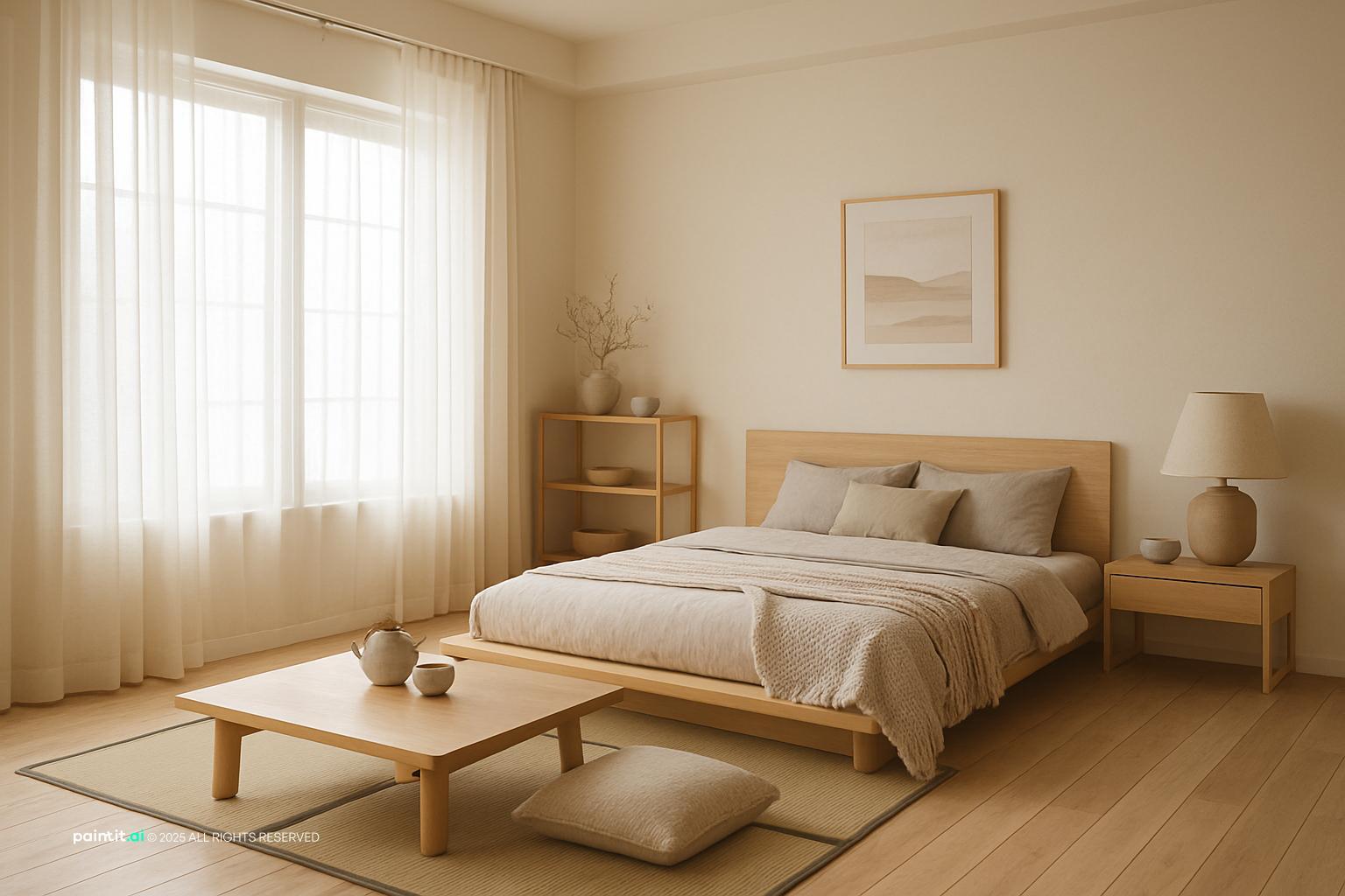 Low platform bed with cream linen, paper lamps, a low wooden table and floor cushions