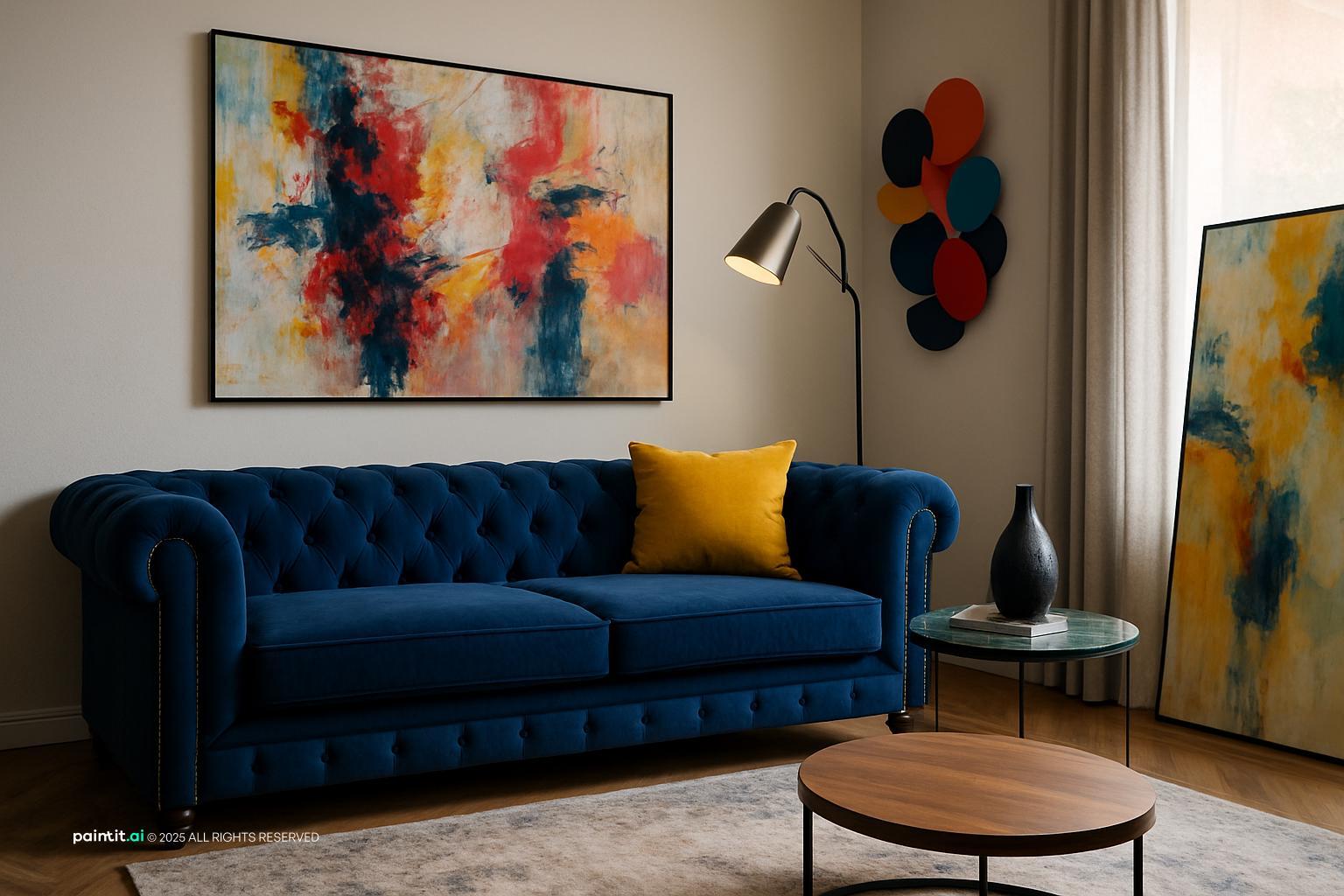 Living room with a navy Chesterfield sofa, a mustard cushion and colourful abstract art