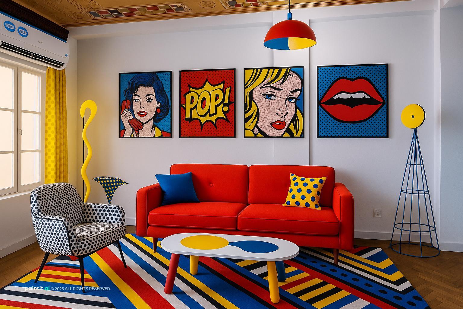 Living room with pop-art prints, a red sofa, a striped rug and a yellow and blue coffee table
