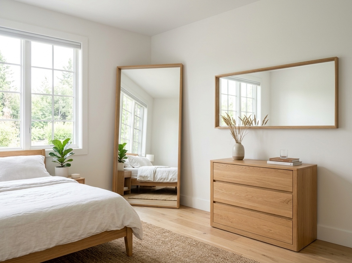 Small master bedroom made larger with a large floor mirror opposite  the window and a wide mirror above the dresser multiplying natural light