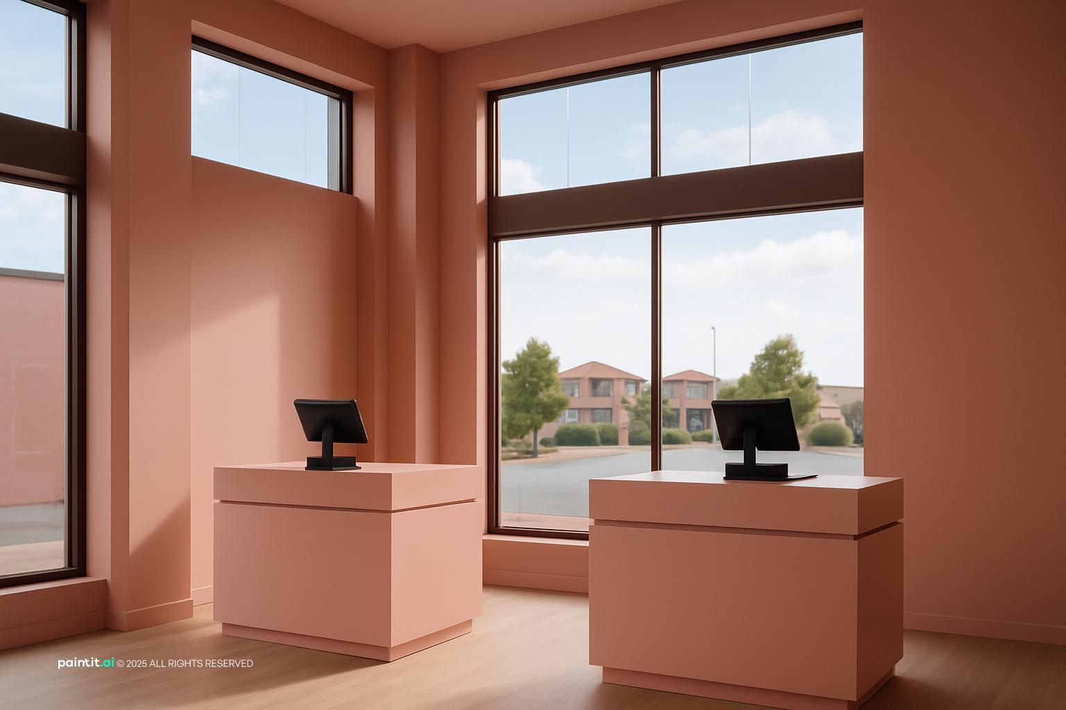 Boutique with pink walls, large windows and two modern till counters