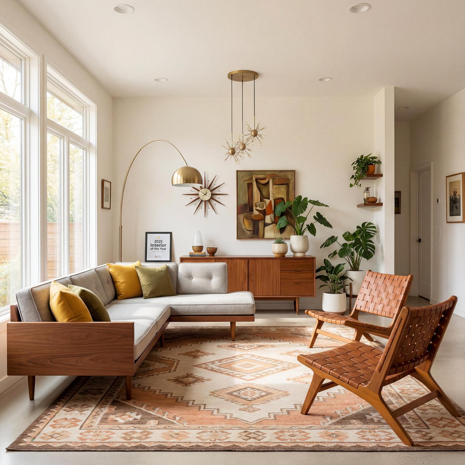 Stunning 1940s midcentury modern hall room with an integrated living area, simple forms, and cozy, period-appropriate decor.