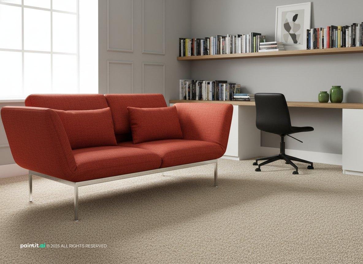 Home office with a red sofa with a silver frame, gray carpet, a desk and wall shelves