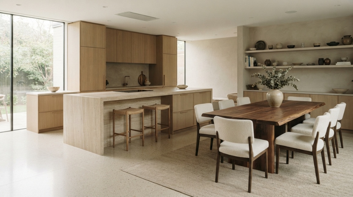 photorealistic open-plan kitchen and dining area, Japandi style, travertine island, walnut wood dining table, linen dining chairs, soft morning light, realistic circulation space
