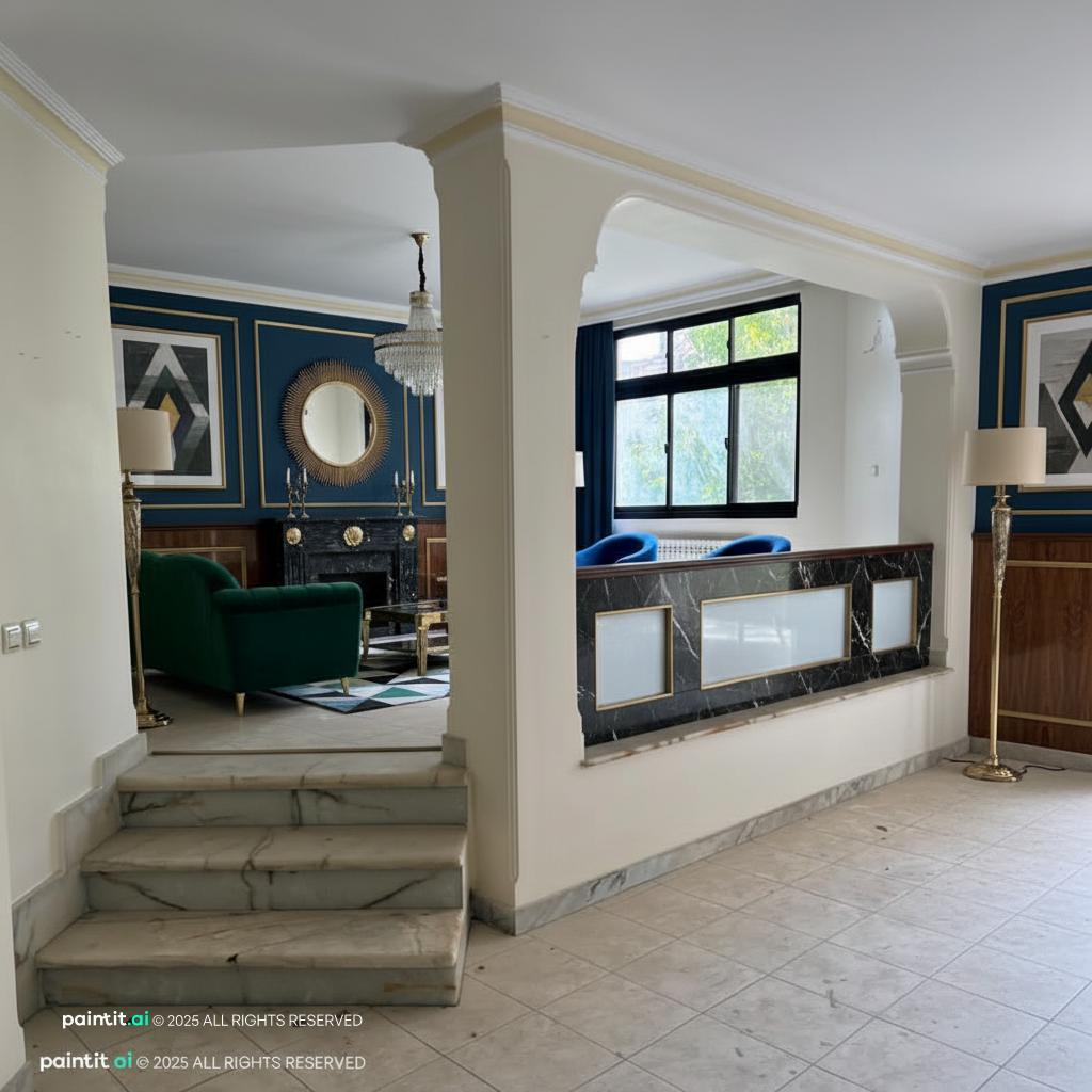 Art Deco living room with an archway, a few steps, a column and dark teal walls