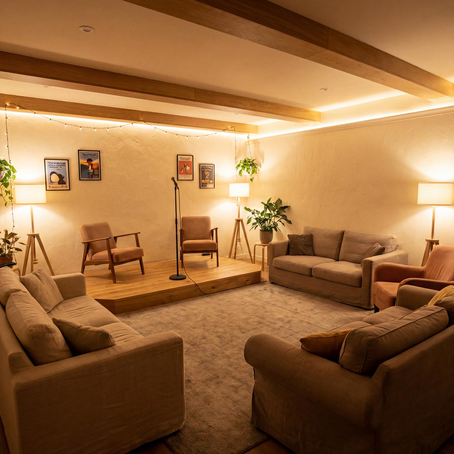 Elegant stage setup within a living room, inspiring creative double living room ideas for dedicated entertainment or performance zones.