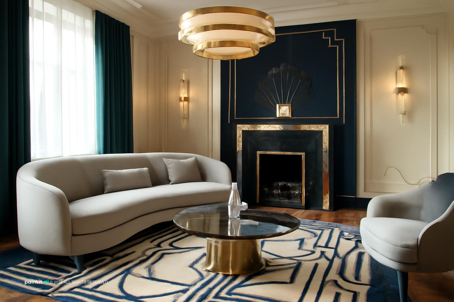 Art Deco living room with a deep green fireplace wall, a curved cream sofa, gold sconces and a patterned rug